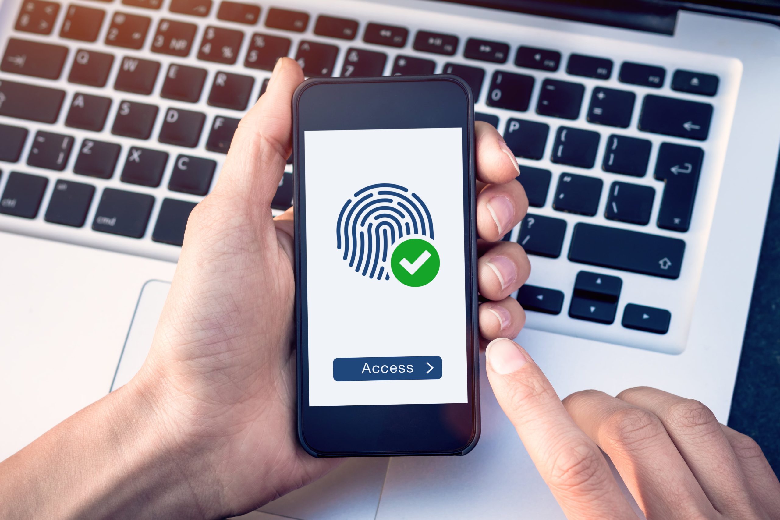 Acceso seguro concedido por un escaneo válido de huellas digitales, seguridad cibernética en Internet con tecnología de autenticación biométrica