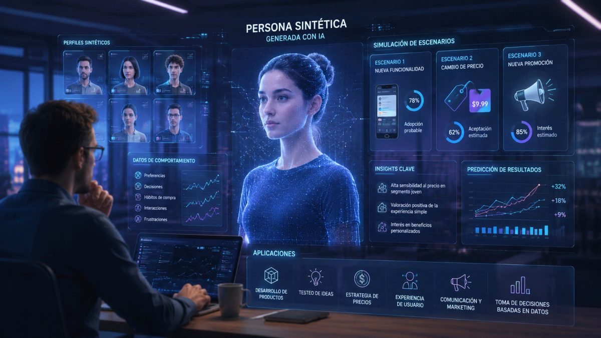 Hombre manejando el perfil de una persona síntetica haciendo pruebas sobre un producto.