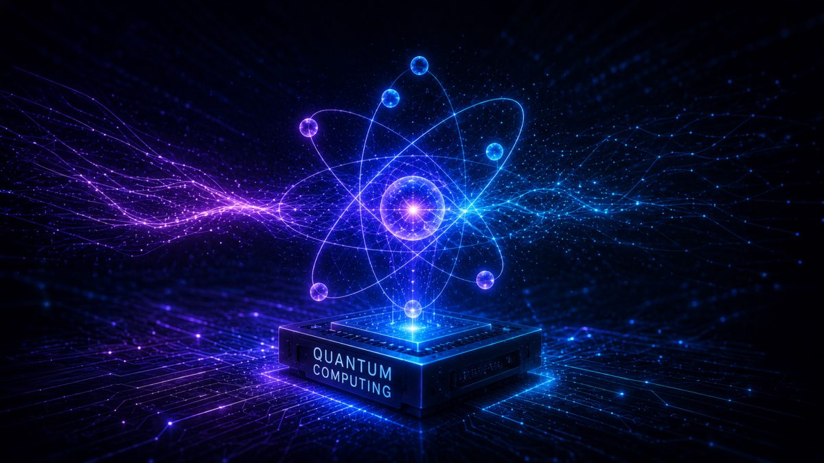 Un procesador de computación cuántica con un núcleo emanando energía