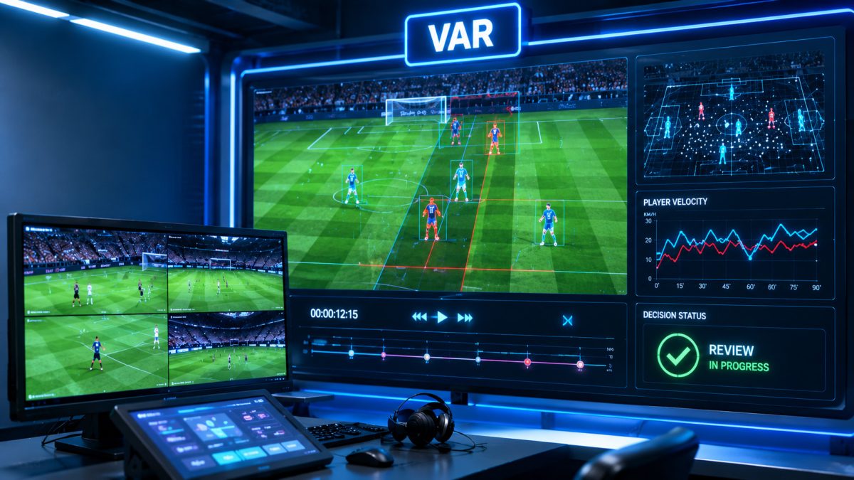 Monitor con tecnología de IA analizando una jugada de futbol.