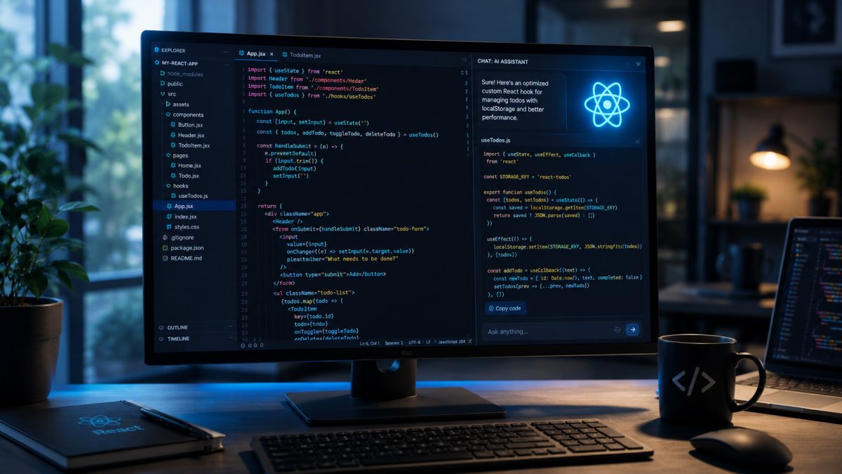 Hombre programando con React e inteligencia artificial